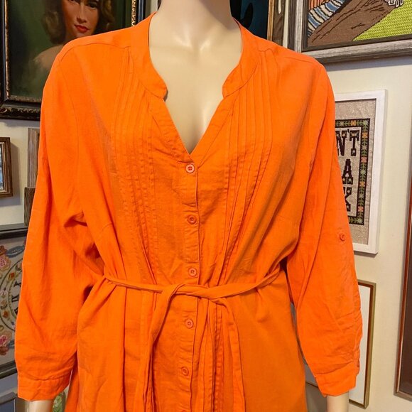 Roamans Plus Size 28W Orange Button-Down Tunic Dress With Belt & Long Sleeves - Picture 2 of 8